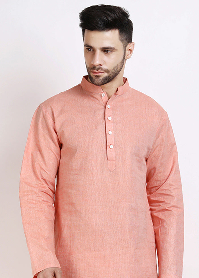 Orange Cotton Full Sleeves Mandarin Collar Long Kurta And Pajama Set