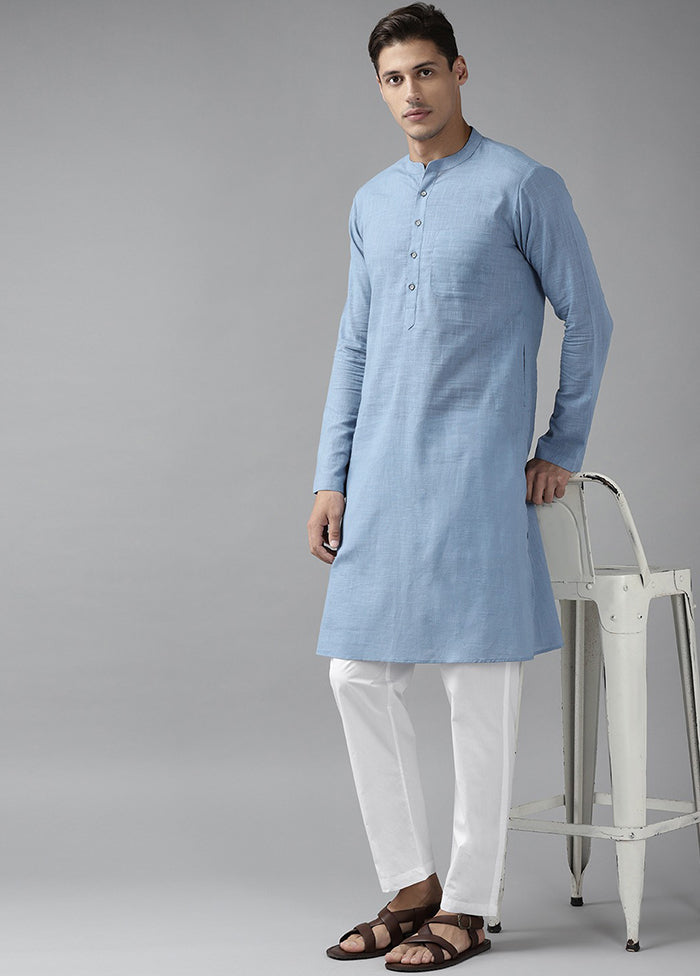 2 Pc 2 Blue Pure Cotton Solid Kurta Set VDVSD240694 - Indian Silk House Agencies