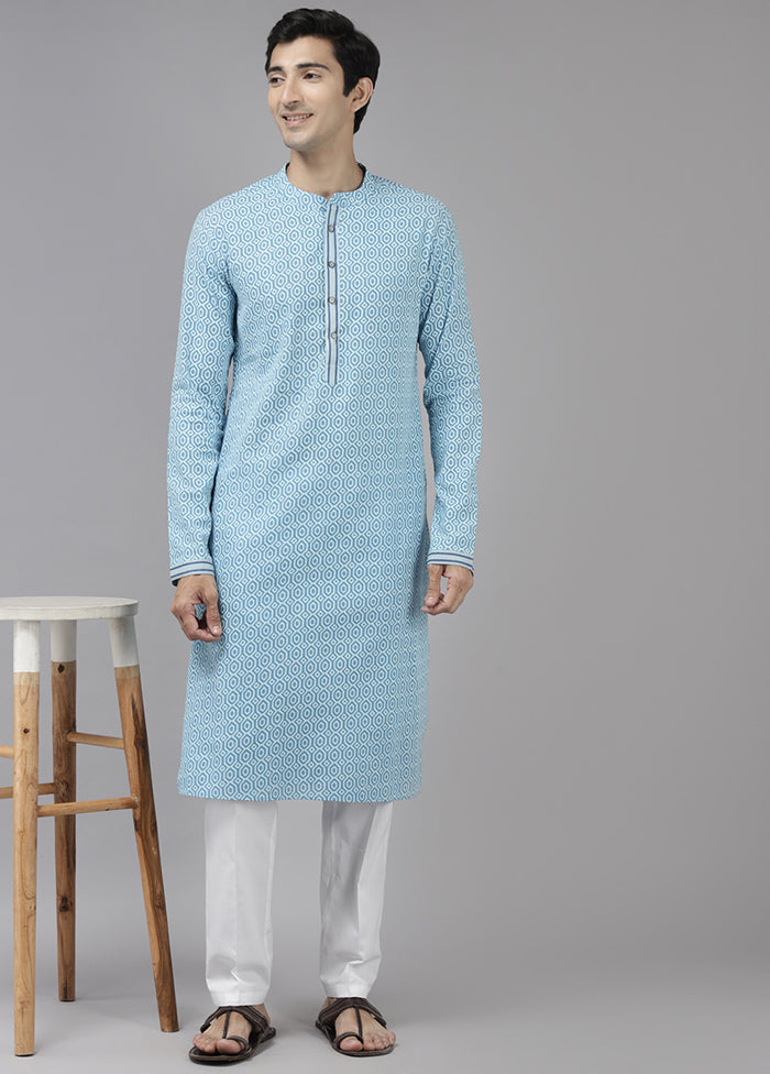 2 Pc Sky Blue Printed Cotton Kurta Set VDVSD240639 - Indian Silk House Agencies