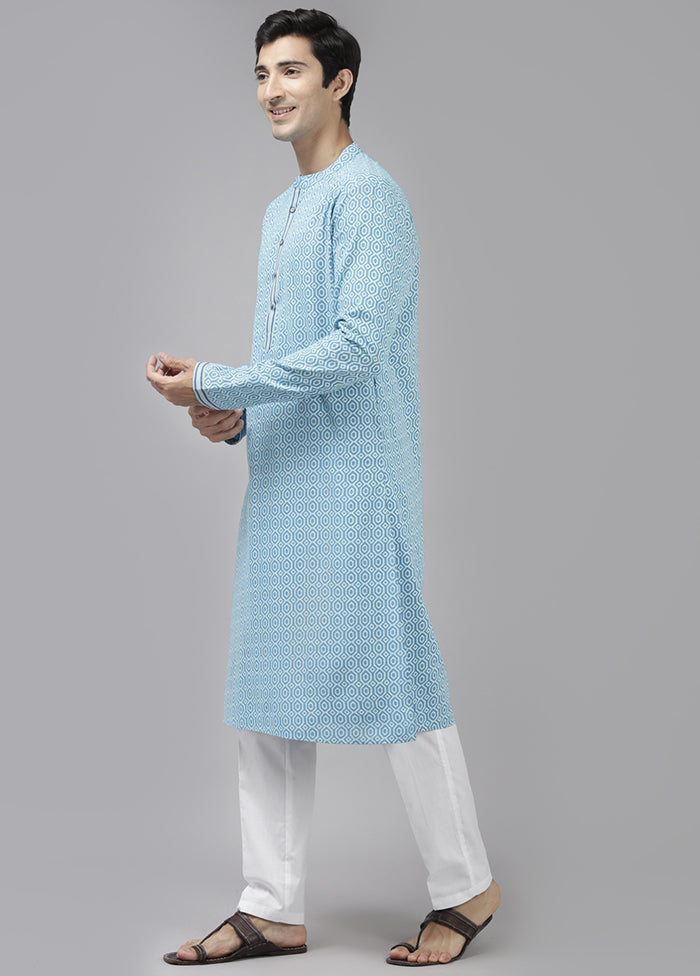 2 Pc Sky Blue Printed Cotton Kurta Set VDVSD240639 - Indian Silk House Agencies