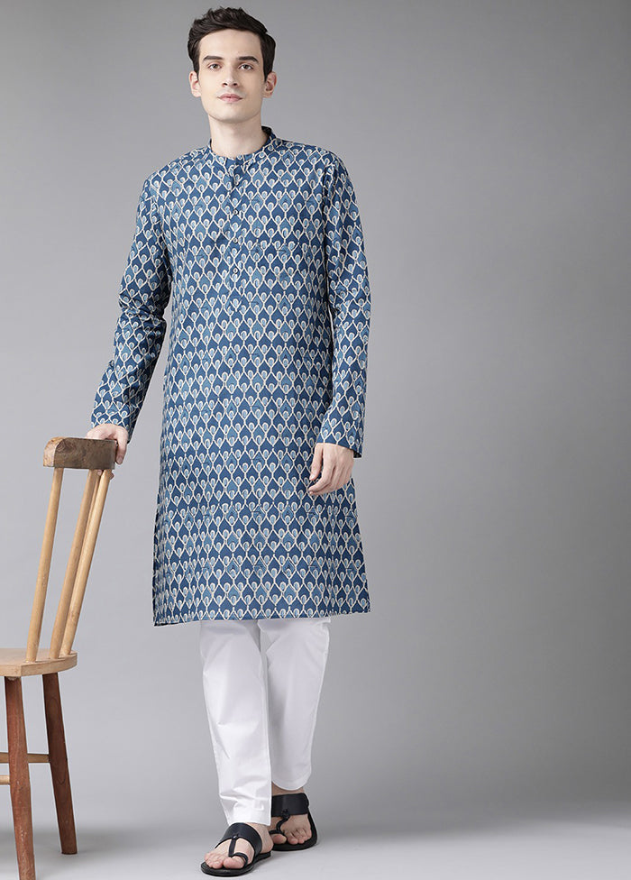 2 Pc Blue Printed Cotton Kurta Set VDVSD240621 - Indian Silk House Agencies