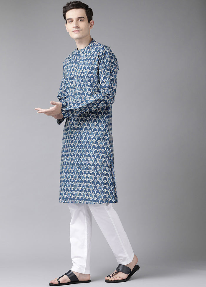 2 Pc Blue Printed Cotton Kurta Set VDVSD240621 - Indian Silk House Agencies