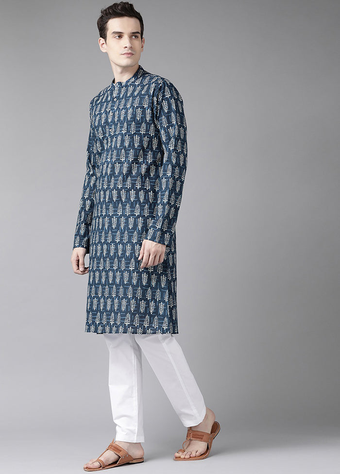 2 Pc Blue Printed Cotton Kurta Set VDVSD240630 - Indian Silk House Agencies