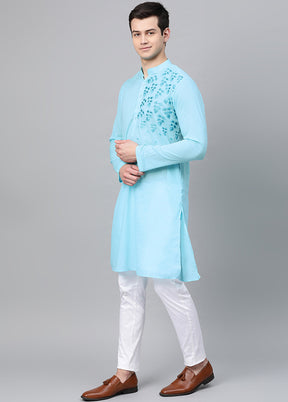 2 Pc Turquoise Blue Embroidered Cotton Kurta Set VDVSD240610 - Indian Silk House Agencies