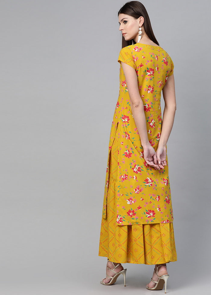 Mustard Red Floral Double Layered Maxi Dress VDVSD0058 - Indian Silk House Agencies