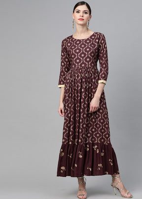 Wine Gold Printed Flared Maxi Dress VDVSD0062 - Indian Silk House Agencies
