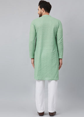 2 Pc Green Pure Cotton Kurta Pajama Set VDVSD200149 - Indian Silk House Agencies