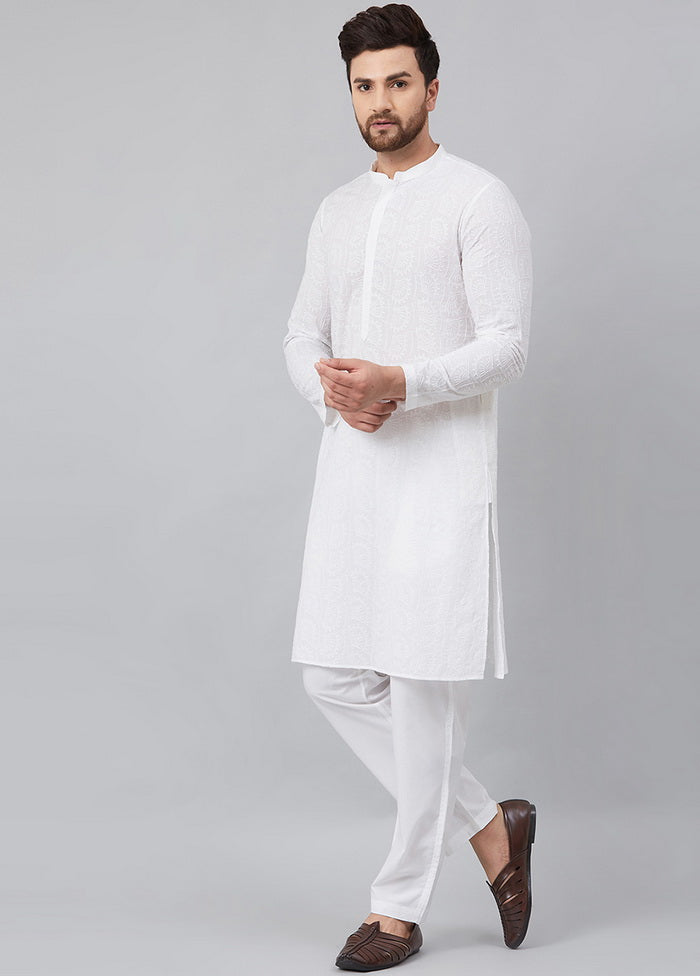 2 Pc White Pure Cotton Kurta Pajama Set VDVSD200152 - Indian Silk House Agencies
