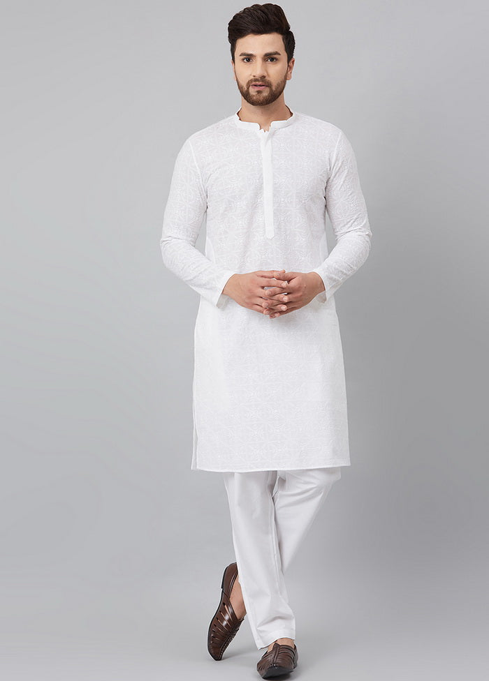 2 Pc White Pure Cotton Kurta Pajama Set VDVSD200156 - Indian Silk House Agencies