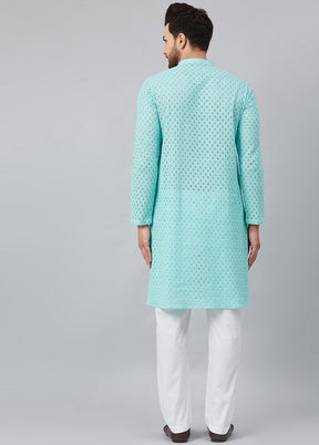 2 Pc Turquoise Pure Cotton Kurta Pajama Set VDVSD200158 - Indian Silk House Agencies