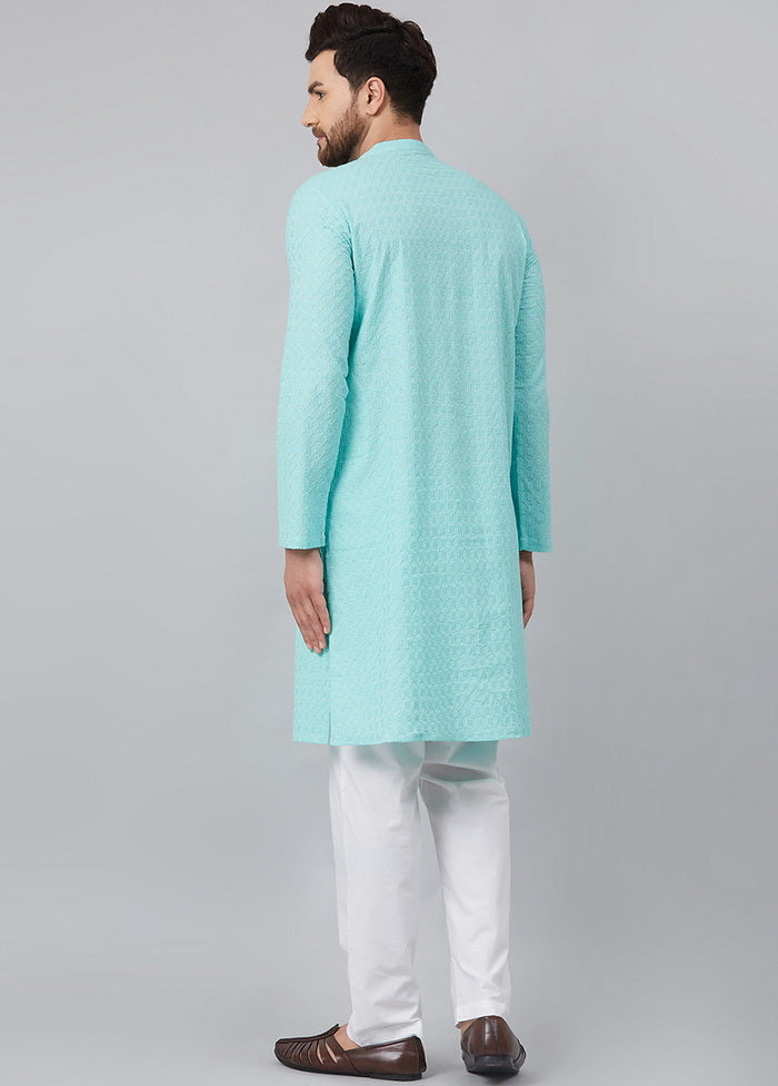 2 Pc Turquoise Pure Cotton Kurta Pajama Set VDVSD200159 - Indian Silk House Agencies