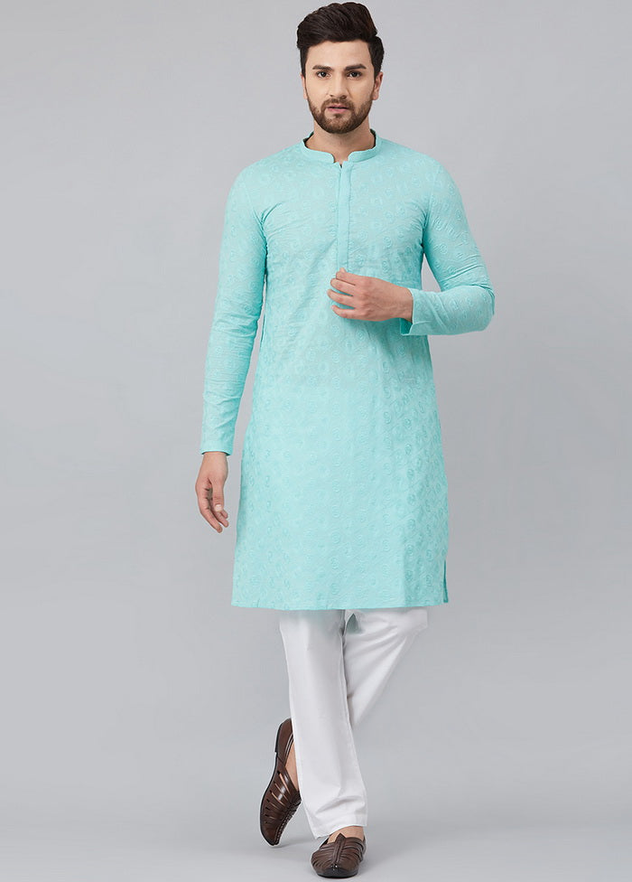 2 Pc Turquoise Pure Cotton Kurta Pajama Set VDVSD200160 - Indian Silk House Agencies