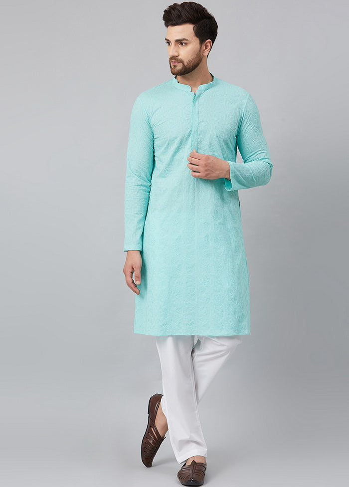 2 Pc Turquoise Pure Cotton Kurta Pajama Set VDVSD200161 - Indian Silk House Agencies