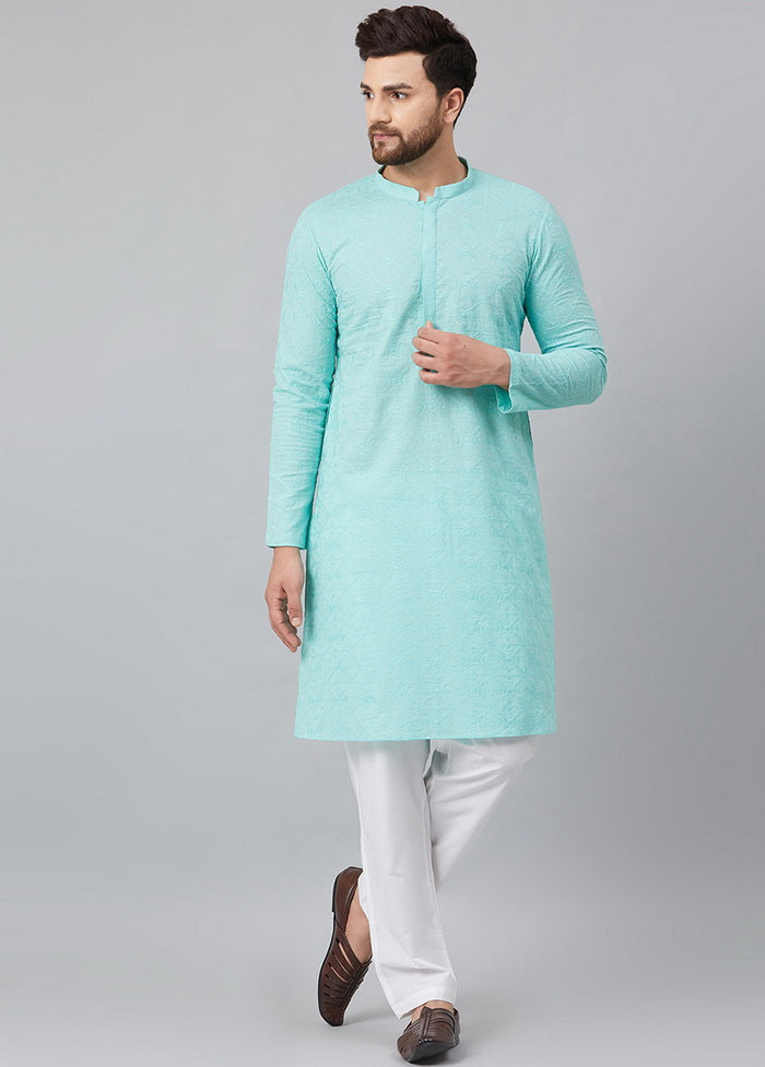 2 Pc Turquoise Pure Cotton Kurta Pajama Set VDVSD200162 - Indian Silk House Agencies