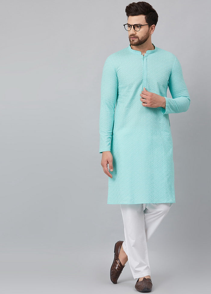 2 Pc Turquoise Pure Cotton Kurta Pajama Set VDVSD200163 - Indian Silk House Agencies