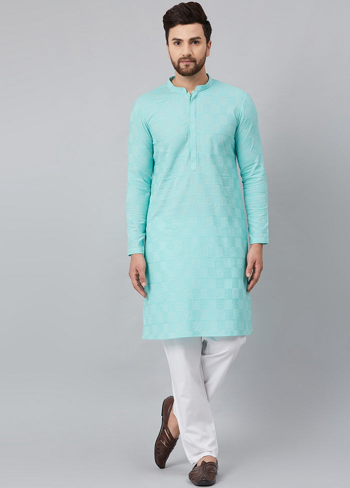 2 Pc Turquoise Pure Cotton Kurta Pajama Set VDVSD200164 - Indian Silk House Agencies