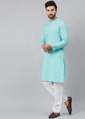 2 Pc Turquoise Pure Cotton Kurta Pajama Set VDVSD200164 - Indian Silk House Agencies
