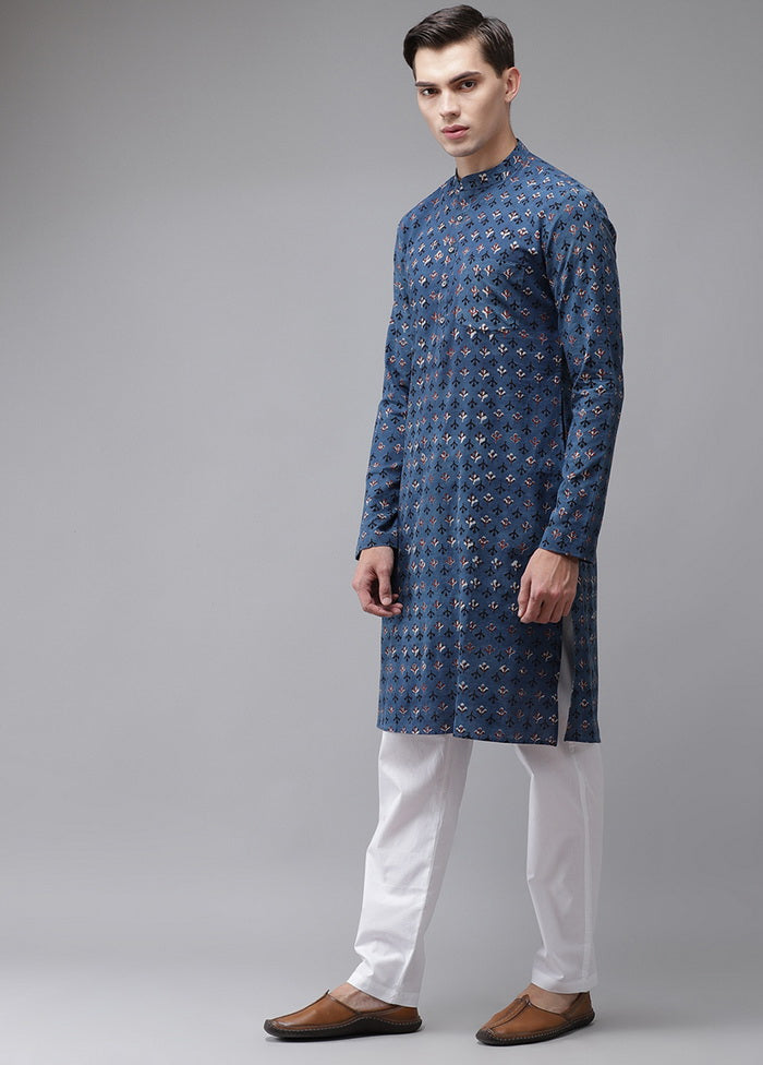 2 Pc Blue Pure Cotton Kurta Pajama Set VDVSD200166 - Indian Silk House Agencies