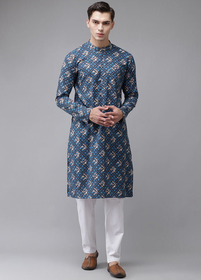 2 Pc Blue Pure Cotton Kurta Pajama Set VDVSD200181 - Indian Silk House Agencies