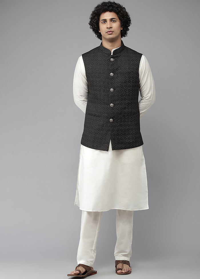 Black Pure Silk Kurta And Pajama Set With Jacket VDVSD1912221 - Indian Silk House Agencies