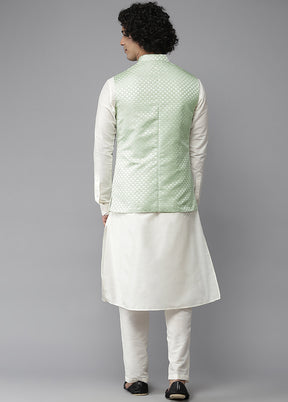 Green Pure Silk Kurta And Pajama Set With Jacket VDVSD1912228 - Indian Silk House Agencies