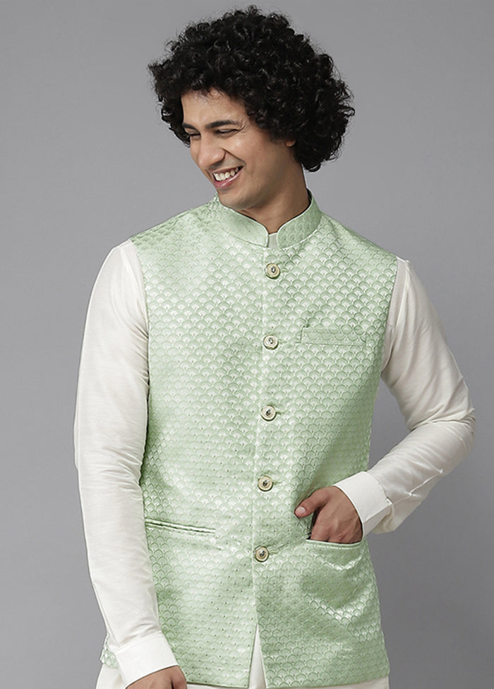 Green Pure Silk Kurta And Pajama Set With Jacket VDVSD1912228 - Indian Silk House Agencies