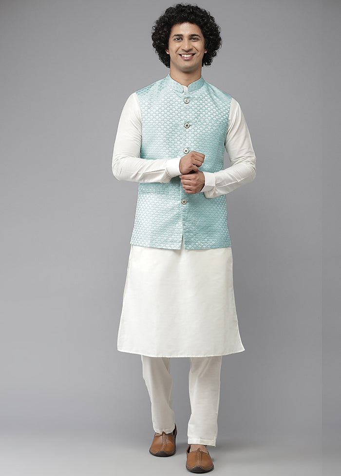 Blue Pure Silk Kurta And Pajama Set With Jacket VDVSD1912229 - Indian Silk House Agencies