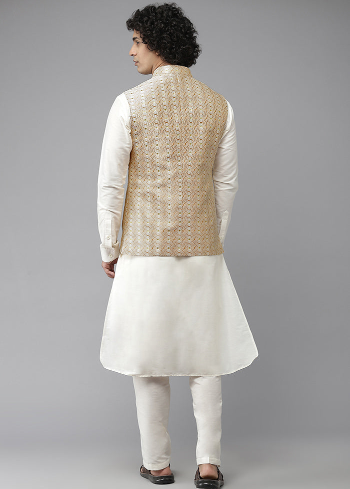 Gold Pure Silk Kurta And Pajama Set With Jacket VDVSD1912230 - Indian Silk House Agencies