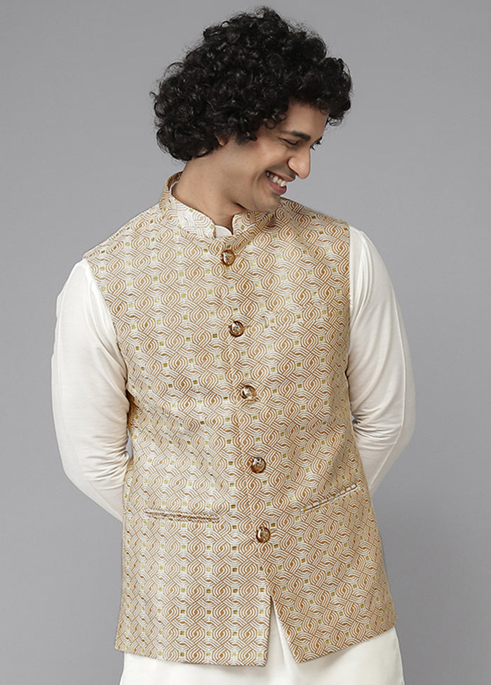 Gold Pure Silk Kurta And Pajama Set With Jacket VDVSD1912230 - Indian Silk House Agencies
