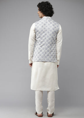 Blue Pure Silk Kurta And Pajama Set With Jacket VDVSD1912233 - Indian Silk House Agencies