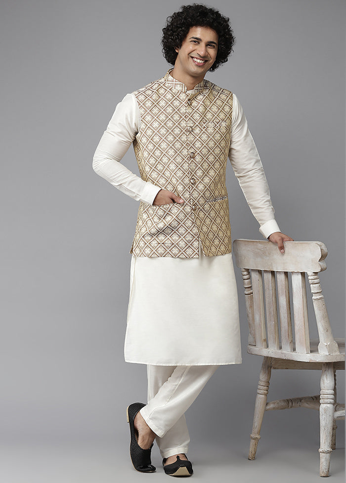 Gold Pure Silk Kurta And Pajama Set With Jacket VDVSD1912237 - Indian Silk House Agencies