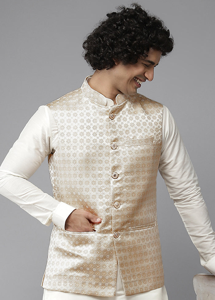 Gold Pure Silk Kurta And Pajama Set With Jacket VDVSD1912238 - Indian Silk House Agencies