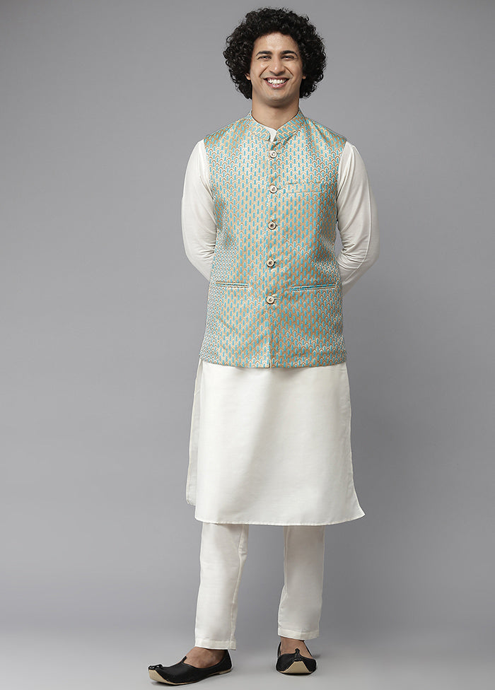 Sea Green Pure Silk Kurta And Pajama Set With Jacket VDVSD1912240 - Indian Silk House Agencies
