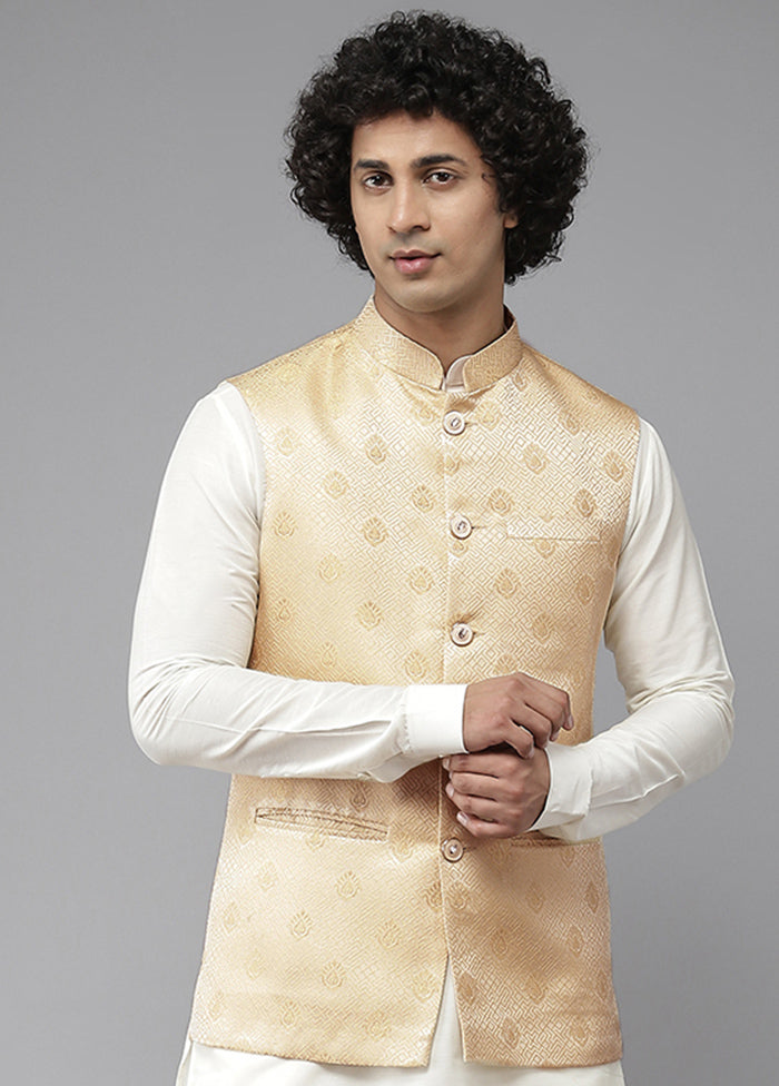 Gold Pure Silk Kurta And Pajama Set With Jacket VDVSD1912241 - Indian Silk House Agencies