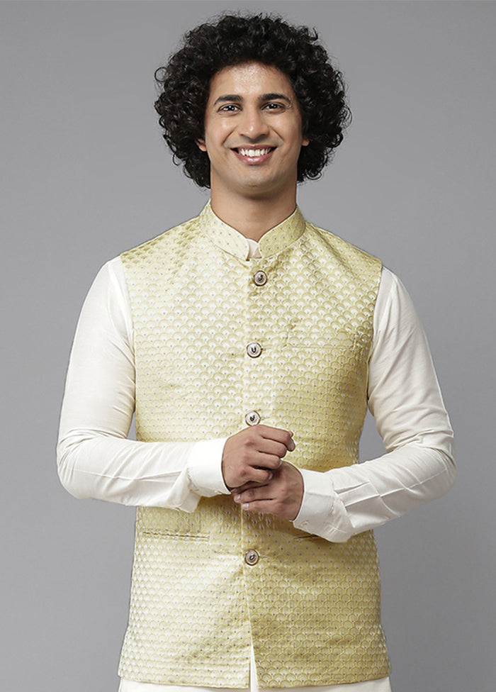 Yellow Pure Silk Kurta And Pajama Set With Jacket VDVSD1912243 - Indian Silk House Agencies