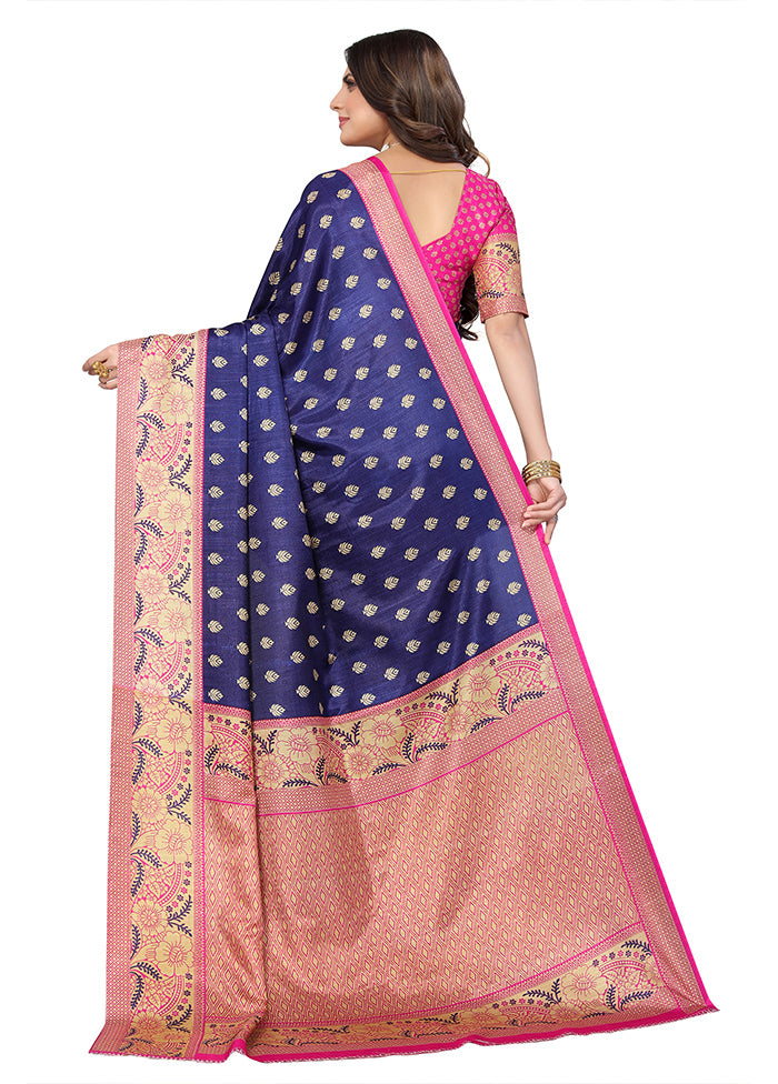 Navy Blue Dupion Silk Saree With Blouse Piece