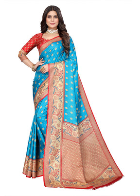 Sky Blue Dupion Silk Saree With Blouse Piece