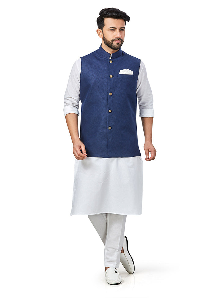 White Solid Kurta And Pajama Set With Jacket VDAC69276 - Indian Silk House Agencies