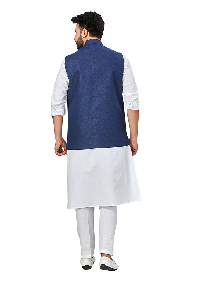 White Solid Kurta And Pajama Set With Jacket VDAC69276 - Indian Silk House Agencies