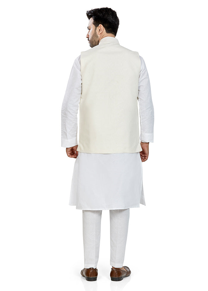 White Solid Kurta And Pajama Set With Jacket VDAC69285 - Indian Silk House Agencies