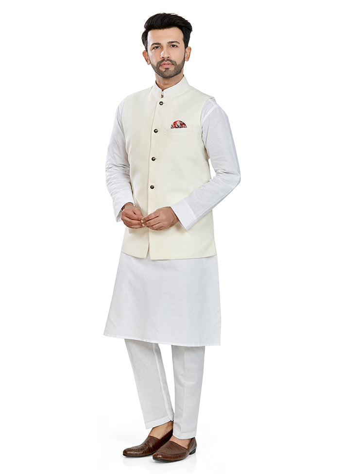 White Solid Kurta And Pajama Set With Jacket VDAC69285 - Indian Silk House Agencies
