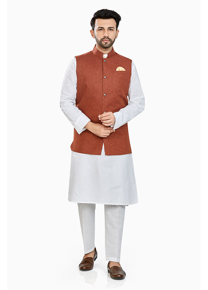 White Solid Kurta And Pajama Set With Jacket VDAC69286 - Indian Silk House Agencies