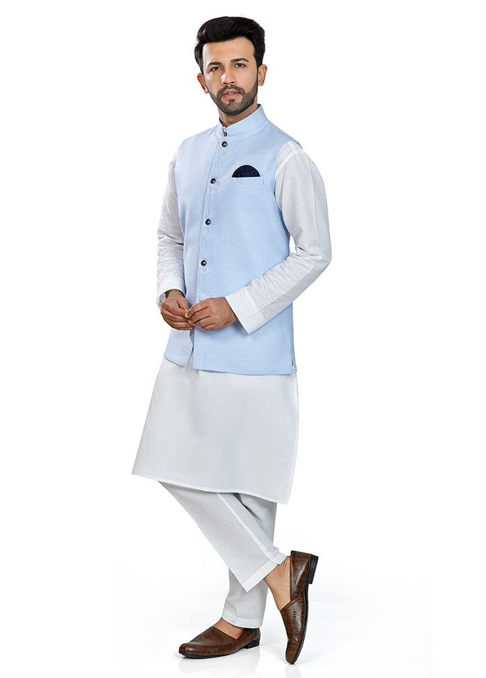 White Solid Kurta And Pajama Set With Jacket VDAC69287 - Indian Silk House Agencies