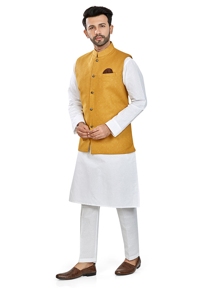White Solid Kurta And Pajama Set With Jacket VDAC69288 - Indian Silk House Agencies