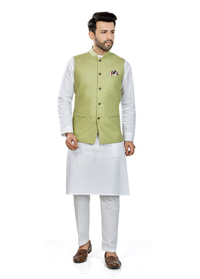White Solid Kurta And Pajama Set With Jacket VDAC69289 - Indian Silk House Agencies
