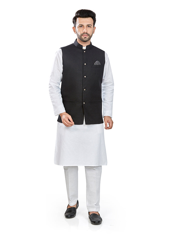 White Solid Kurta And Pajama Set With Jacket VDAC69290 - Indian Silk House Agencies
