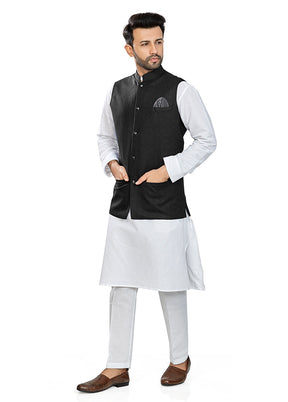 White Solid Kurta And Pajama Set With Jacket VDAC69290 - Indian Silk House Agencies