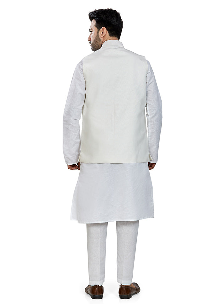 White Solid Kurta And Pajama Set With Jacket VDAC69291 - Indian Silk House Agencies