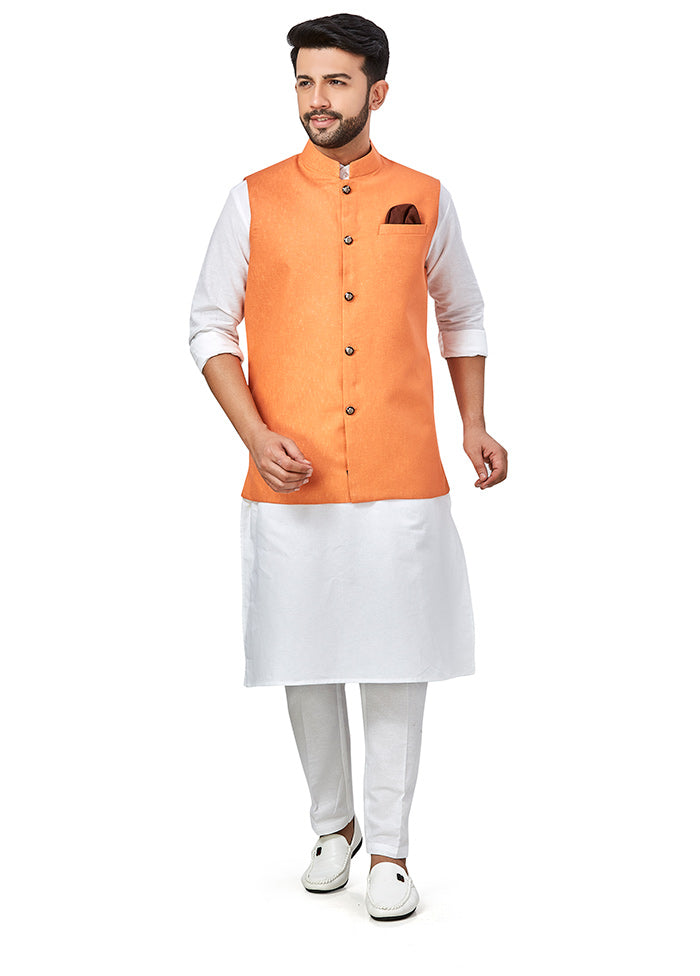 White Solid Kurta And Pajama Set With Jacket VDAC69278 - Indian Silk House Agencies