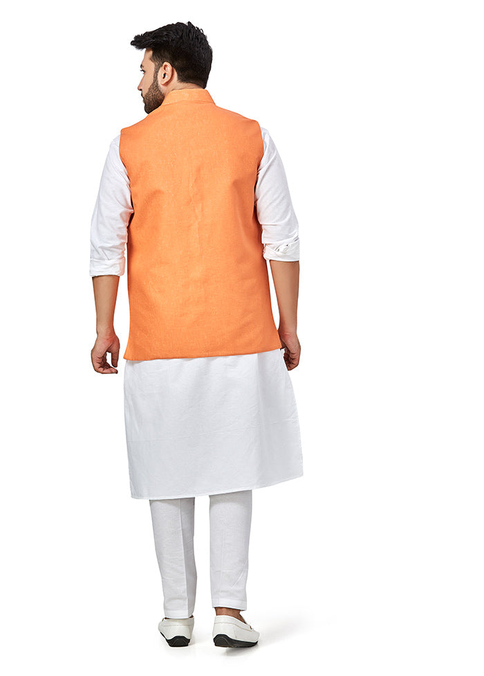 White Solid Kurta And Pajama Set With Jacket VDAC69278 - Indian Silk House Agencies